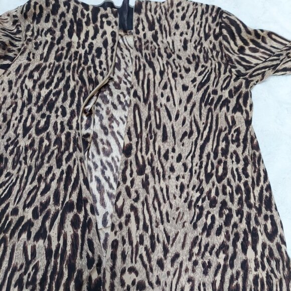 AKA New York XS Silk Brown Blend Animal Print Shift Dress 3/4 Sleeve Stretch - Picture 6 of 9